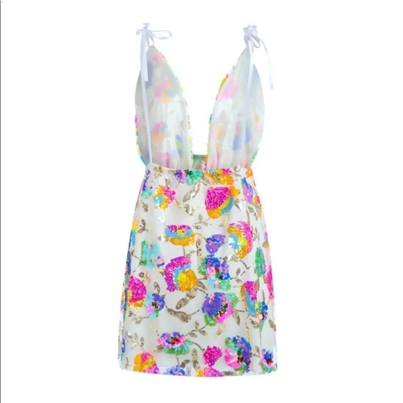 NEW! Embroidered Sequin Floral Sequin Plunging V-Neck Halter Mini Dress - Picture 11 of 14